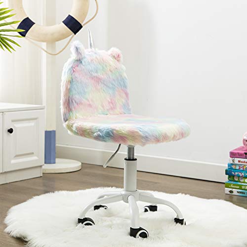 DM Furniture Cute Fuzzy Kids Chair Funny Rolling Study Desk Chair Colorful Girls Vanity Swivel Chair with White Foot