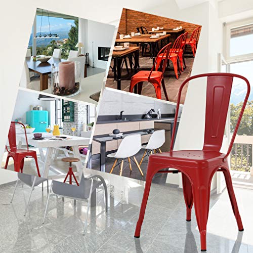 Metal Dining Chairs Indoor-Outdoor Stackable Chic Restaurant Bistro Chair Set of 4 330LBS Weight Capacity Sturdy Cafe Tolix Kitchen Farmhouse Pub Trattoria Industrial Side Bar Chairs Red