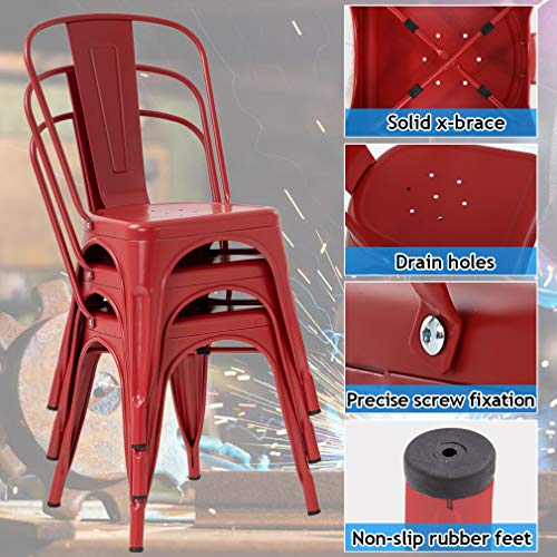 Metal Dining Chairs Indoor-Outdoor Stackable Chic Restaurant Bistro Chair Set of 4 330LBS Weight Capacity Sturdy Cafe Tolix Kitchen Farmhouse Pub Trattoria Industrial Side Bar Chairs Red