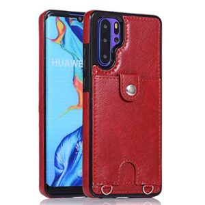jaorty pu leather wallet case for huawei p30 pro necklace lanyard case cover with card holder adjustable detachable anti-lost neck strap case for huawei p30 pro,red