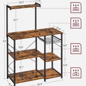 VASAGLE Baker's Rack, Microwave Stand, Kitchen Storage Rack with Wire Basket, 6 Hooks, and Shelves, for Spices, Pots, and Pans, Rustic Brown and Black UKKS35X