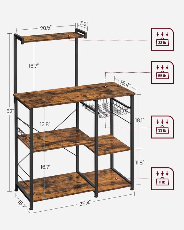 VASAGLE Baker's Rack, Microwave Stand, Kitchen Storage Rack with Wire Basket, 6 Hooks, and Shelves, for Spices, Pots, and Pans, Rustic Brown and Black UKKS35X