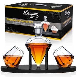 dragon glassware decanter with glasses set, diamond shaped decanter naturally aerates whiskey and wine and liquor, includes 2 unique 10 oz diamond glasses, unique bar gift, 25 oz