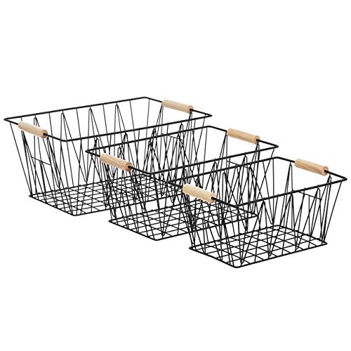 Amazon Basics Wire Rectangular Storage Baskets, Large, Set of 3, Black