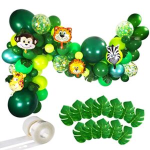 jungle party balloons garland kit - 110pcs latex balloons animal foil confetti balloon arch palm leaves set for jungle theme baby shower party decorations, safari woodland birthday party supplies