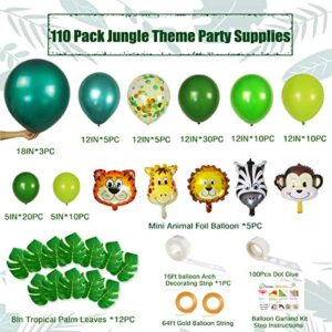 Jungle Party Balloons Garland Kit - 110pcs Latex Balloons Animal Foil Confetti Balloon Arch Palm Leaves Set for Jungle Theme Baby Shower Party Decorations, Safari Woodland Birthday Party Supplies