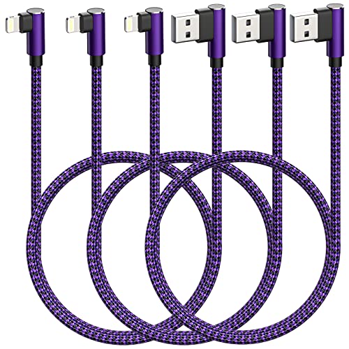 iPhone Charger 10ft [Apple MFi Certified] 3 Pack 90 Degree Right Angle Lightning Cable Compatible with iPhone 13 12 11 Pro XS MAX/XR/X/8 8 Plus/7 7 Plus/6 6 Plus/iPad (Purple,10ft)