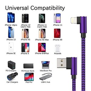 iPhone Charger 10ft [Apple MFi Certified] 3 Pack 90 Degree Right Angle Lightning Cable Compatible with iPhone 13 12 11 Pro XS MAX/XR/X/8 8 Plus/7 7 Plus/6 6 Plus/iPad (Purple,10ft)