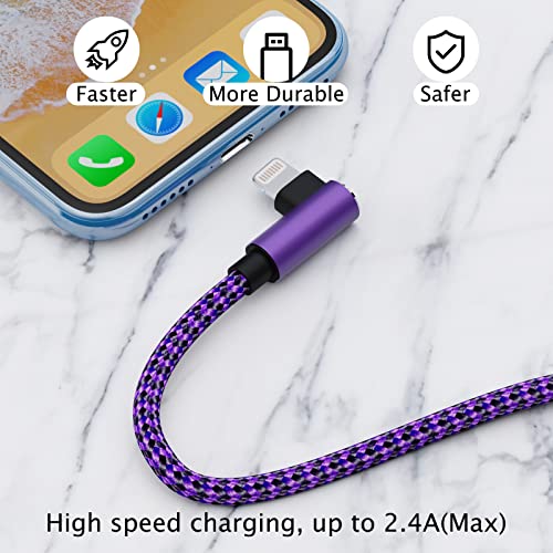 iPhone Charger 10ft [Apple MFi Certified] 3 Pack 90 Degree Right Angle Lightning Cable Compatible with iPhone 13 12 11 Pro XS MAX/XR/X/8 8 Plus/7 7 Plus/6 6 Plus/iPad (Purple,10ft)