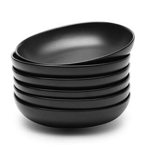 teocera wide and shallow porcelain salad and pasta bowls set of 6-24 ounce microwave and dishwasher safe serving dishes, matte black