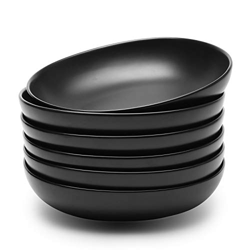 Teocera Wide and Shallow Porcelain Salad and Pasta Bowls Set of 6-24 Ounce Microwave and Dishwasher Safe Serving Dishes, Matte Black