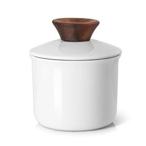 dowan butter crock for counter, french butter keeper crock with water, ceramic airtight butter dish with wood knob lid for soft butter, white