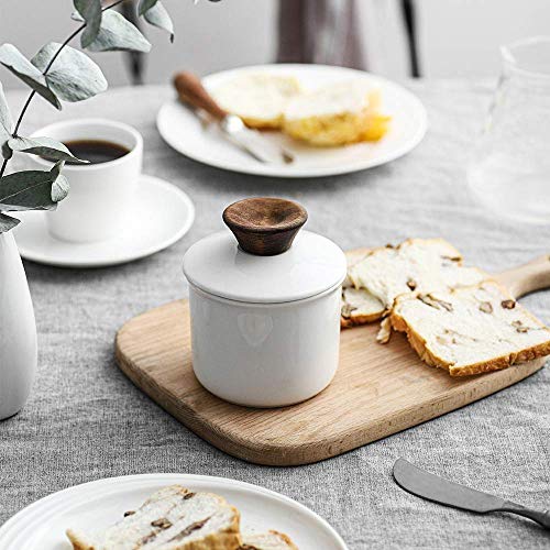 DOWAN Butter Crock for Counter, French Butter Keeper Crock with Water, Ceramic Airtight Butter Dish with Wood Knob Lid for Soft Butter, White