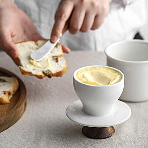 DOWAN Butter Crock for Counter, French Butter Keeper Crock with Water, Ceramic Airtight Butter Dish with Wood Knob Lid for Soft Butter, White