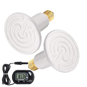 wuhostam 2 pack 100w white ceramic heat lamp with 1-pcs digital-thermometer,no light infrared reptile heater emitter lamp bulb for pet brooder coop chicken lizard turtle snake aquarium etl listed