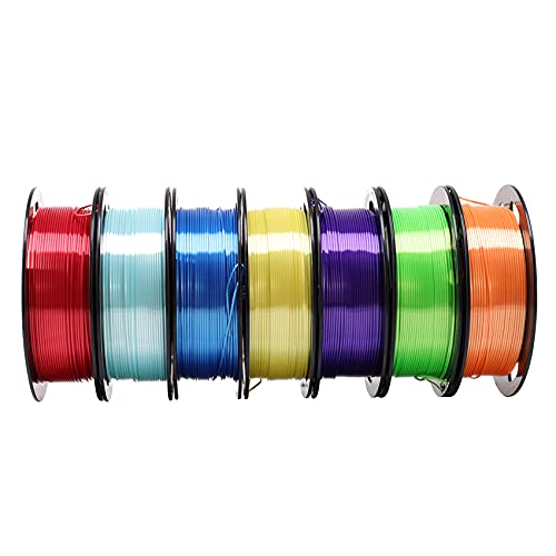 Shiny Silk PLA 3D Printer Filament 7 Spools Bundle, 1.75mm Bright Red Blue Yellow Green Cyan Orange Purple PLA 7 in 1 Rainbow Colors, Each Roll 0.5kg Total 3.5kgs with One Bag Sample Color Gift MKOEM