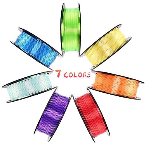 Shiny Silk PLA 3D Printer Filament 7 Spools Bundle, 1.75mm Bright Red Blue Yellow Green Cyan Orange Purple PLA 7 in 1 Rainbow Colors, Each Roll 0.5kg Total 3.5kgs with One Bag Sample Color Gift MKOEM