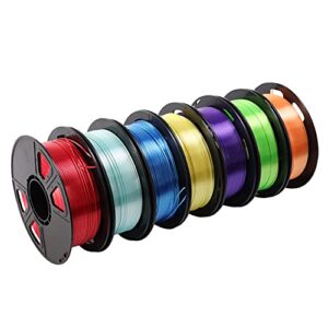 Shiny Silk PLA 3D Printer Filament 7 Spools Bundle, 1.75mm Bright Red Blue Yellow Green Cyan Orange Purple PLA 7 in 1 Rainbow Colors, Each Roll 0.5kg Total 3.5kgs with One Bag Sample Color Gift MKOEM