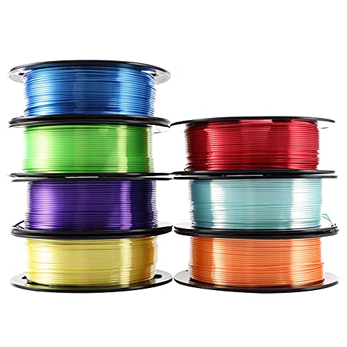 Shiny Silk PLA 3D Printer Filament 7 Spools Bundle, 1.75mm Bright Red Blue Yellow Green Cyan Orange Purple PLA 7 in 1 Rainbow Colors, Each Roll 0.5kg Total 3.5kgs with One Bag Sample Color Gift MKOEM