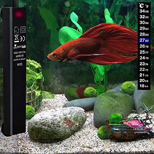 ZEETOON 25W Aquarium Heater, Automatic Thermostat Betta Fish Tank Heaters, Tortoise Small Water Warmer for 2-5 Gallon Container with 1 Stick-on Thermometer Strip