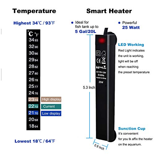 ZEETOON 25W Aquarium Heater, Automatic Thermostat Betta Fish Tank Heaters, Tortoise Small Water Warmer for 2-5 Gallon Container with 1 Stick-on Thermometer Strip