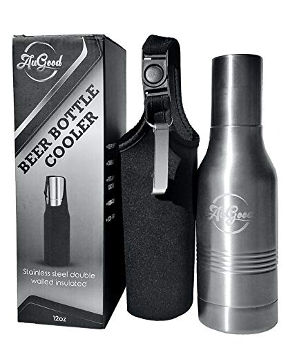 AUGood Beer Bottle Cooler: Stainless Steel Double Wall Bottle Insulator with Cover/Includes Bottle Opener and fit's long neck and standard neck 12oz bottles