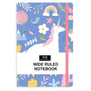 ricco bello wide ruled hardcover diary journal notebook for kids, tweens - bookmark, 5.7 x 8.4 inches,192 pages, (blue unicorn)