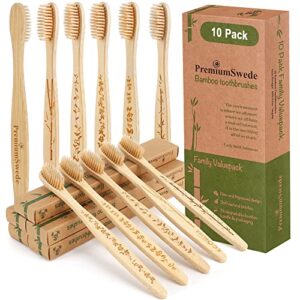 premiumswede bamboo toothbrushes - biodegradable eco friendly soft toothbrushes for adults, kids - natural wooden toothbrushes with soft bristles - 10 pcs family toothbrush pack