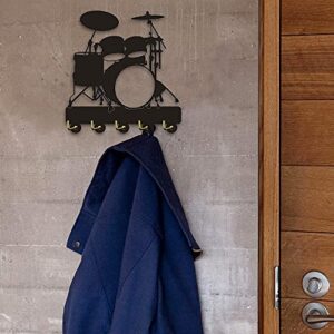 Drum Wall Hook Multi-Purpose Wall Hanger Coat Bags Clothes Keys Holder Heavy Duty Brass 5 Hooks Music Instrument Household Decor Hooks Drummer Gift 30cm