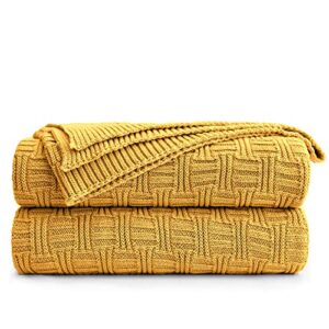 100% cotton navy blue cable knit throw blanket with bonus laundering bag - large thick, 2.5 pounds,extra cozy, machine washable, comfortable home decor (mustard yellow stripe pattern, 60"x80")