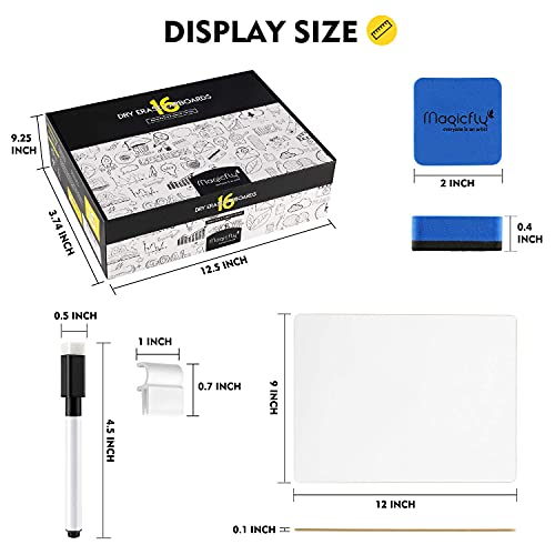 Magicfly Double-Sided Small White Board for Classroom, 9 x 12 Inches Dry Erase Lap Boards, Bulk Pack of 16 Mini White Board for Student, Teachers, Office, with 16 Pens, 16 Erasers & 16 Pen Clips