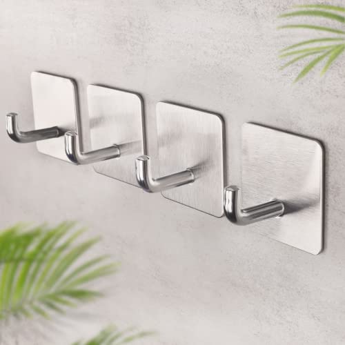 Budding Joy Adhesive Hooks Heavy Duty Stick on Wall Towel Door Waterproof Stainless Steel Holders for Hanging Clothes Bathroom Hook 4 Pack