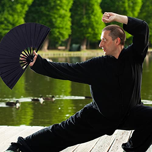 Minelife 2 Pack Large Folding Hand Fan, Nylon-Cloth Vintage Retro Fabric Fans, Chinese Kung Fu Tai Chi Hand Fan for Men/Women, Festival, Dance, Gift, Performance, Decorations (Black)