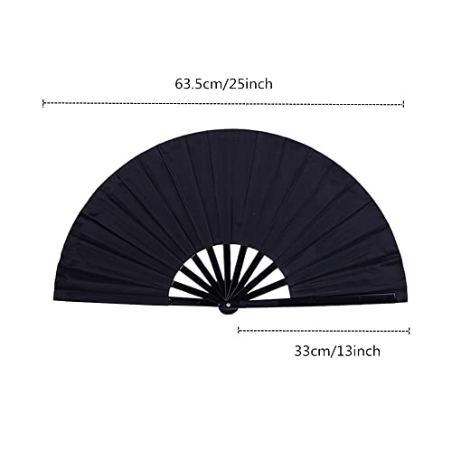 Minelife 2 Pack Large Folding Hand Fan, Nylon-Cloth Vintage Retro Fabric Fans, Chinese Kung Fu Tai Chi Hand Fan for Men/Women, Festival, Dance, Gift, Performance, Decorations (Black)