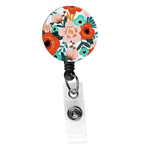 Retractable Badge Reel Alligator Clip 24 in Nylon Cord, Nurse Badge Holder, Badge ID Clip Office Employee Name Badge-Trendy Floral Pink and Orange