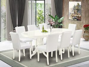 east west furniture vaab9-lwh-64 9pc dinette set includes a 59/76.4 inch oval dining table with butterfly leaf and 8 parson chair with linen leg and pu leather color white, 9 pieces