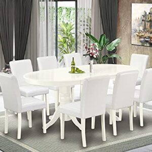 East West Furniture VAAB9-LWH-64 9Pc Dinette Set Includes a 59/76.4 Inch Oval Dining Table with Butterfly Leaf and 8 Parson Chair with Linen Leg and PU Leather Color White, 9 Pieces