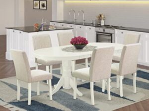 east west furniture vaab7-lwh-02 7pc dinette set includes a 59/76.4 inch oval dining table with butterfly leaf and 6 parson chair white leg and linen fabric light beige, 7 pieces