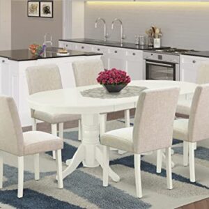 East West Furniture VAAB7-LWH-02 7Pc Dinette Set Includes a 59/76.4 Inch Oval Dining Table with Butterfly Leaf and 6 Parson Chair White Leg and Linen Fabric Light Beige, 7 Pieces