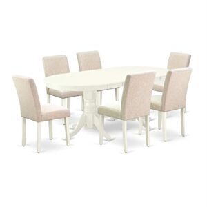 East West Furniture VAAB7-LWH-02 7Pc Dinette Set Includes a 59/76.4 Inch Oval Dining Table with Butterfly Leaf and 6 Parson Chair White Leg and Linen Fabric Light Beige, 7 Pieces