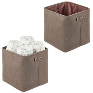 mdesign soft cotton fabric bathroom storage bin with handles - organizer for towels, toilet paper rolls - for closets, cabinets, shelves - textured weave, 2 pack - espresso brown