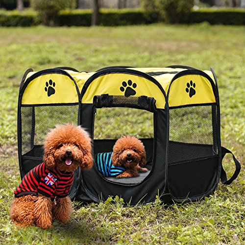 Pop Up Tent Pet Playpen Carrier Dog Cat Puppies Portable Foldable Durable Paw Kennel Yellow S