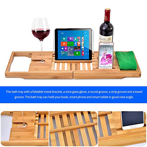 DDSKY Premium Bamboo Bathtub Caddy Tray Extendable Bath Tray Rack Bathtub Caddy Organizer with Wine Glass Holder, Book/Tablet Holder