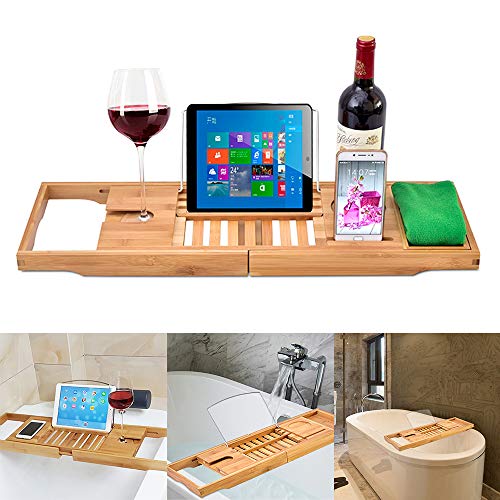 DDSKY Premium Bamboo Bathtub Caddy Tray Extendable Bath Tray Rack Bathtub Caddy Organizer with Wine Glass Holder, Book/Tablet Holder