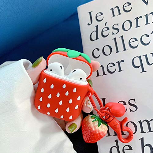 BONTOUJOUR Case Compatible with AirPods 1/2, Super Cute Creative Lovely Delicious Fruit Red Strawberry Shape Case, Soft Silicone Earphone Protection Skin + Strawberry Pendant Keychain