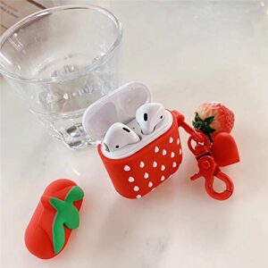 BONTOUJOUR Case Compatible with AirPods 1/2, Super Cute Creative Lovely Delicious Fruit Red Strawberry Shape Case, Soft Silicone Earphone Protection Skin + Strawberry Pendant Keychain