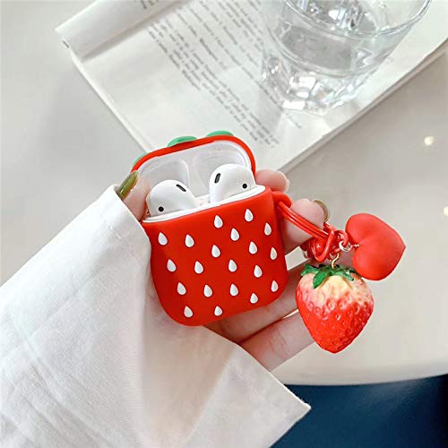 BONTOUJOUR Case Compatible with AirPods 1/2, Super Cute Creative Lovely Delicious Fruit Red Strawberry Shape Case, Soft Silicone Earphone Protection Skin + Strawberry Pendant Keychain