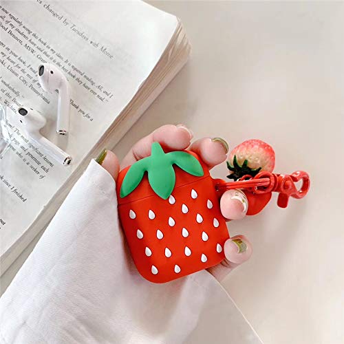 BONTOUJOUR Case Compatible with AirPods 1/2, Super Cute Creative Lovely Delicious Fruit Red Strawberry Shape Case, Soft Silicone Earphone Protection Skin + Strawberry Pendant Keychain