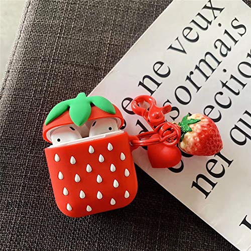 BONTOUJOUR Case Compatible with AirPods 1/2, Super Cute Creative Lovely Delicious Fruit Red Strawberry Shape Case, Soft Silicone Earphone Protection Skin + Strawberry Pendant Keychain