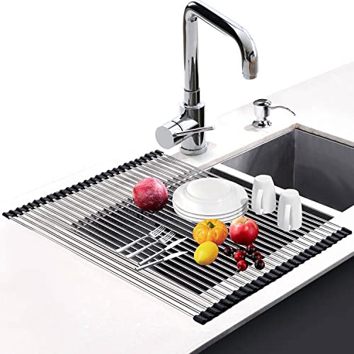 G-TING Dish Drying Rack 17.6" x 16", Over Sink Roll Up Large Dish Drainers Rack, Multipurpose Foldable Kitchen Sink Rack Mat Stainless Steel with Silicone Rims for Dishes, Cups, Fruits Vegetables